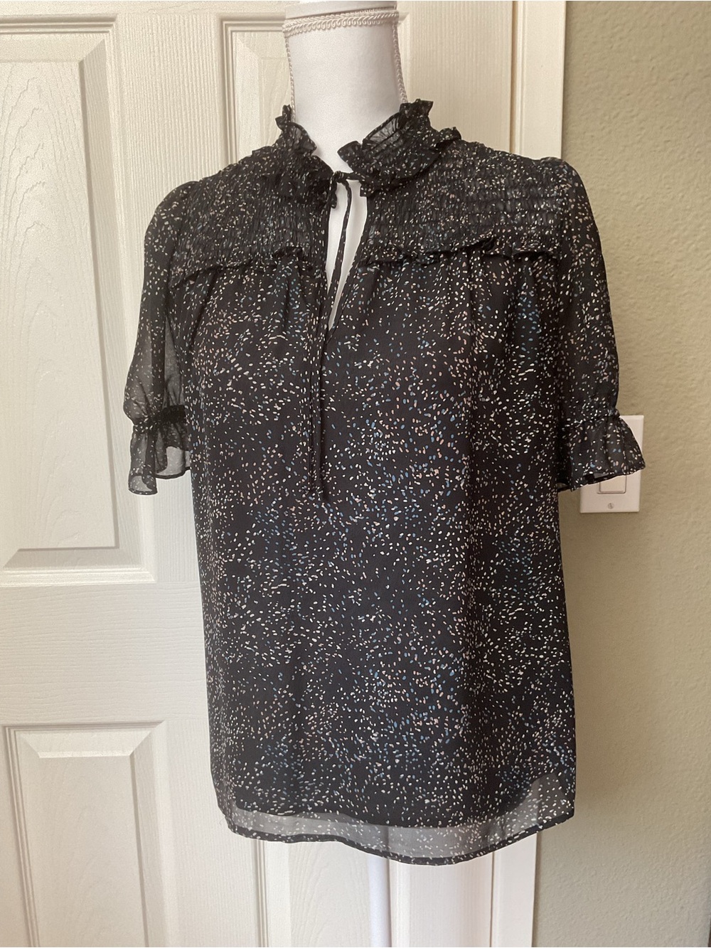 Pleione Black Dot-Print Ruffle Tie-Neck Blouse